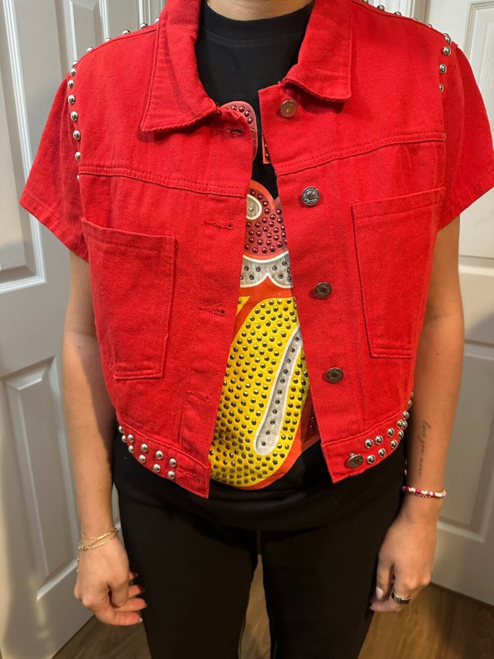 Red Short Sleeve Studded Jean Jacket with Rolling Stones Decal Logo - Picture 3 of 4